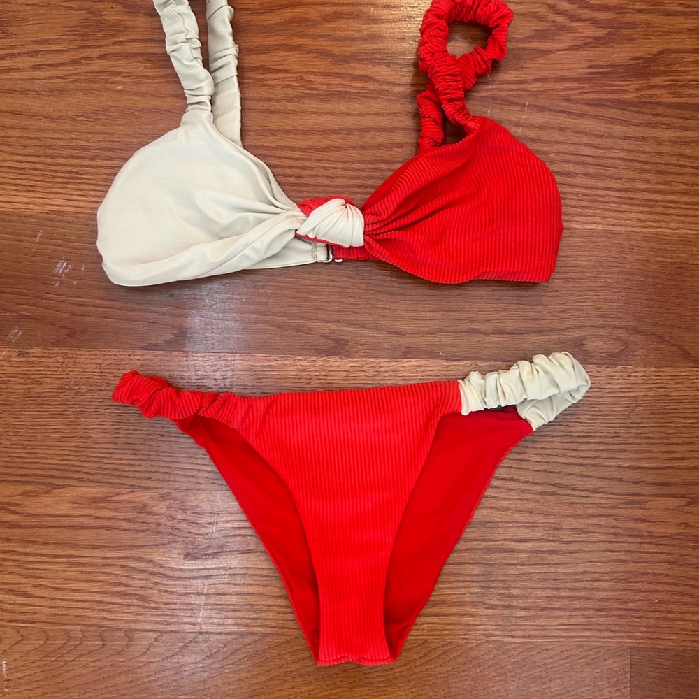 Solid and Striped Red and Cream Bikini Set